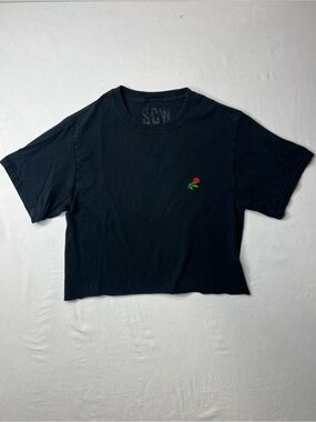 SCW black cotton crop top with embroidered red rose graphic